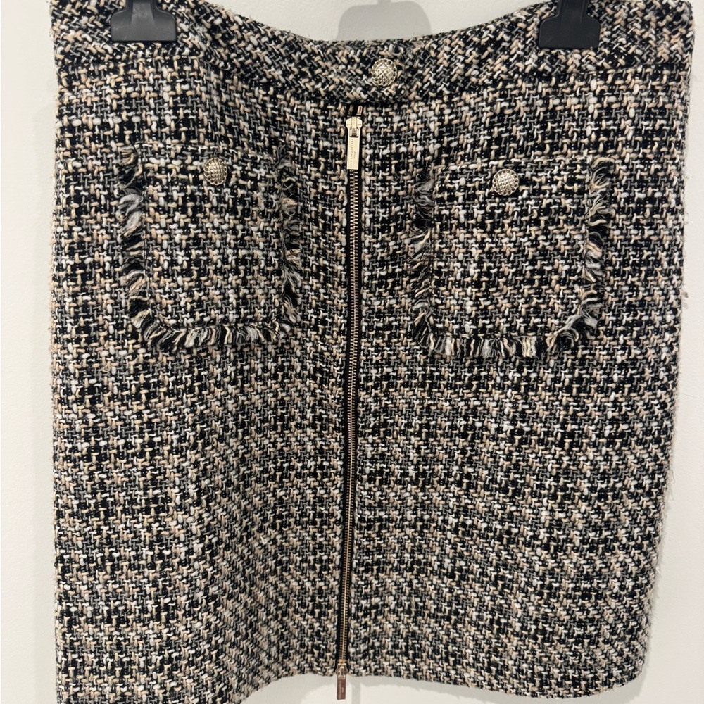 Karl Lagerfeld Paris Tweed Zip-Front Mini Skirt in Black and Cream size 8